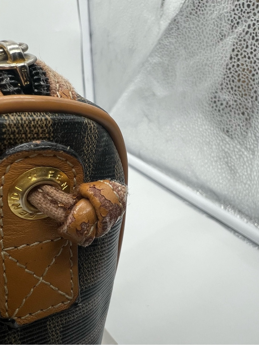 FENDI VINTAGE Zucca FF Monogram Coated Canvas Medium Tan Leather Trim Crossbody - Picture 8 of 17